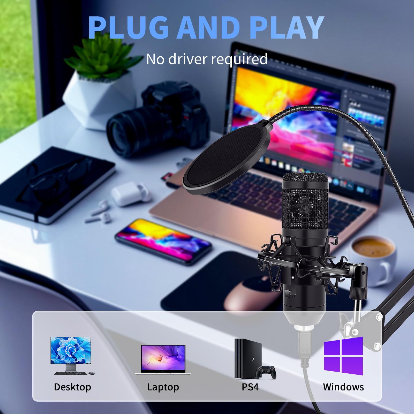 USB Condenser Microphone,Computer PC Microphone Kit with Adjustable Boom Arm Stand Shock Mount for YouTube Vocal Gaming Streamin
